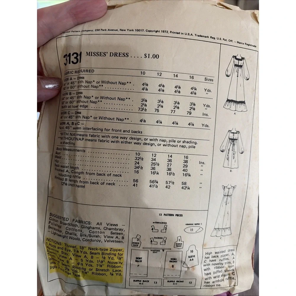 Rare 1972 Vintage McCalls 3131 Cottagecore Dress Sewing Pattern Size 12 Cut